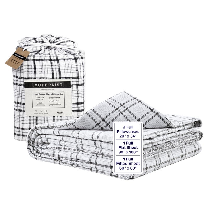 Gravity Modernist Flannel Bed Sheet Set, Full (Grey Plaid) - 100% Cotton Plaid Bedsheets - Includes Deep Pocket Fitted Sheet, Top Sheet & Pillowcases - Lightweight, Ultra-Soft & Machine Washable - Image 1